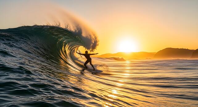 golden hour surf riding the wave at sunset photo